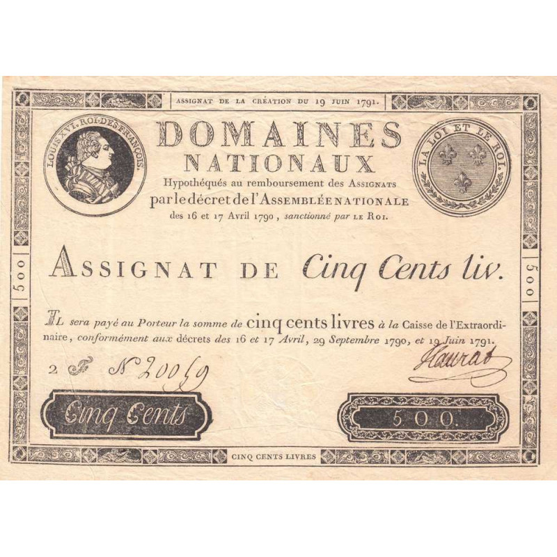 Assignat 16a - 500 livres - 19 juin 1791 - Série 2F - Etat : SUP
