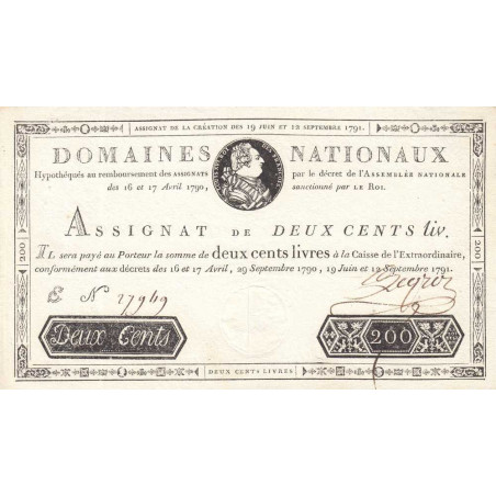 Assignat 17a - 200 livres - 19 juin et 12 septembre 1791 - Série E - Etat : SPL