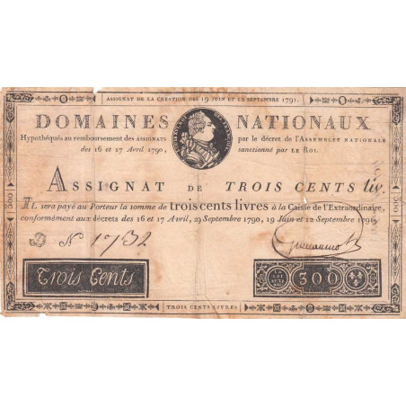 Assignat 18a - 300 livres - 19 juin et 12 septembre 1791 - Série D - Etat : TB