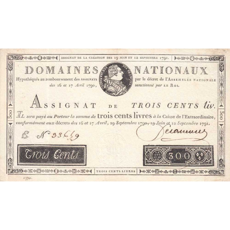 Assignat 18a - 300 livres - 19 juin et 12 septembre 1791 - Série E - Etat : SUP