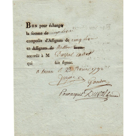 Bon pour échanger des assignats de 5 livres - 1792