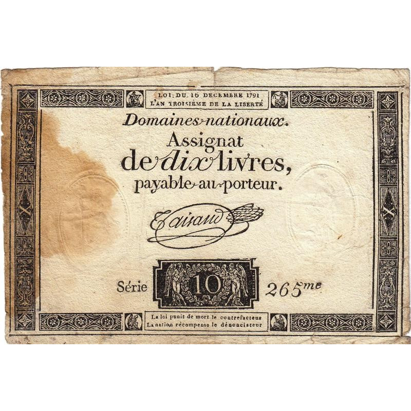 Assignat 21a-v1 (variété) - 10 livres - 10 décembre 1791 - Série 265 - Filigrane inversé - Etat : TB-