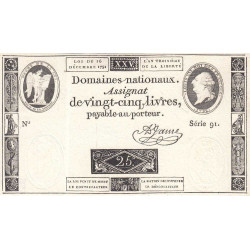 Assignat 22a - 25 livres - 16 décembre 1791 - Série 91 - Etat : SUP+