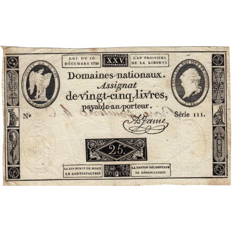 Assignat 22a - 25 livres - 16 décembre 1791 - Série 111 - Etat : TTB