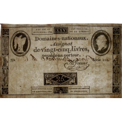 Assignat 22a - 25 livres - 16 décembre 1791 - Série 111 - Etat : TTB