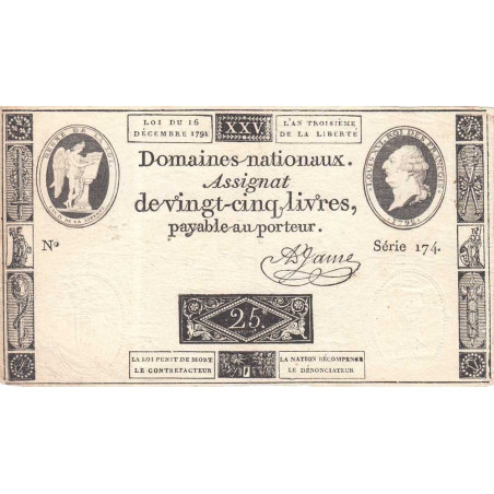 Assignat 22a - 25 livres - 16 décembre 1791 - Série 174 - Etat : TTB+