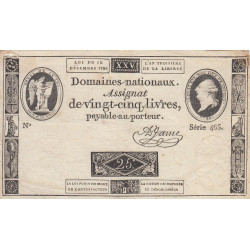 Assignat 22a - 25 livres - 16 décembre 1791 - Série 465 - Etat : TB+