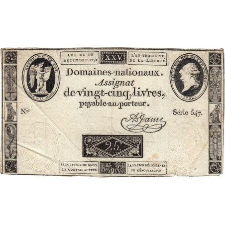 Assignat 22a - 25 livres - 16 décembre 1791 - Série 547- Etat : TTB-