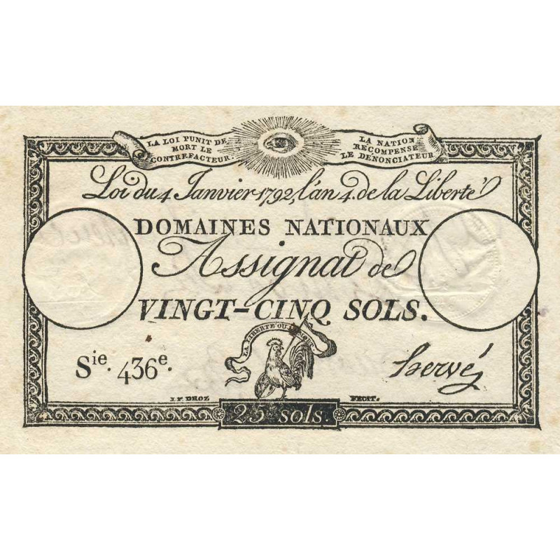 Assignat vérificateur 25v - 25 sols - 4 janvier 1792 - Série 436 - Etat : SUP+