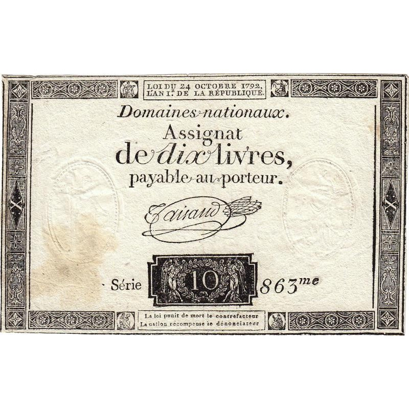 Assignat 36a-v1a (variété) - 10 livres - 24 octobre 1792 - Série 863 - Filigrane inversé - Etat : TTB