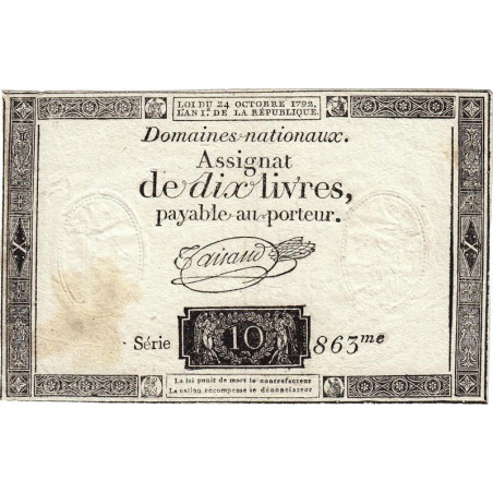 Assignat 36a-v1a- 10 livres - Filigrane inversé - 24 octobre 1792 - Série 863 - Etat : TTB