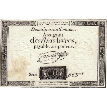 Assignat 36a-v1a (variété) - 10 livres - 24 octobre 1792 - Série 863 - Filigrane inversé - Etat : TTB