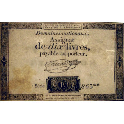 Assignat 36a-v1a- 10 livres - Filigrane inversé - 24 octobre 1792 - Série 863 - Etat : TTB