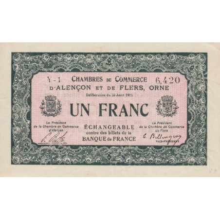 Alençon & Flers (Orne) - Pirot 6-10 - 1 franc - Série Y1 - 10/08/1915 - Etat : SPL