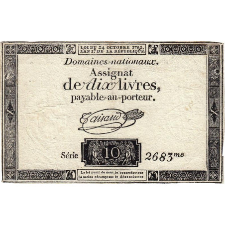 Assignat 36a-v1b (variété) - 10 livres - 24 octobre 1792 - Série 2683 - Filigrane inversé - Etat : TTB