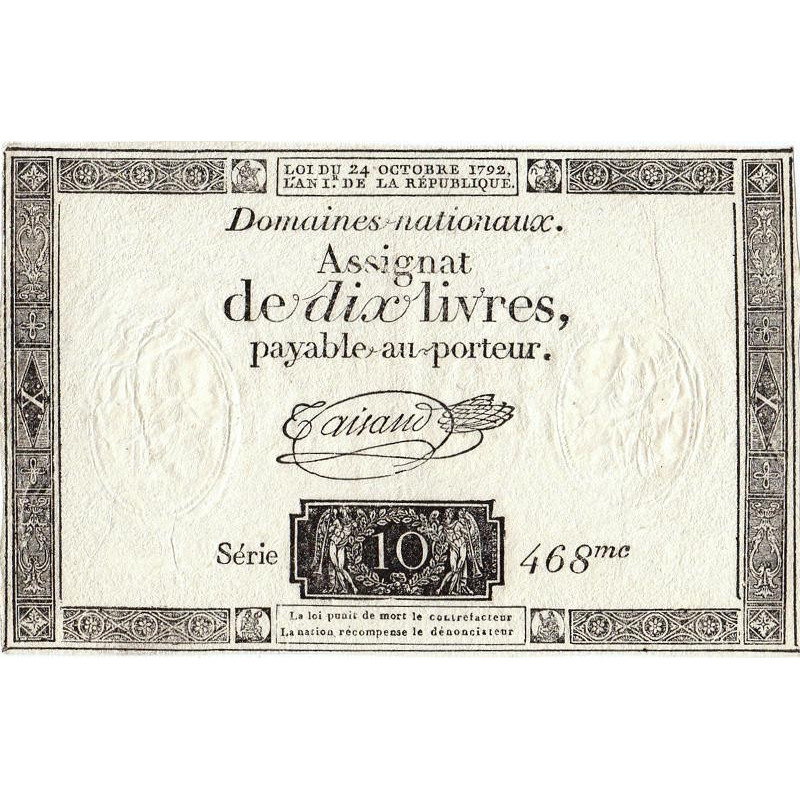 Assignat 36a-v1c (variété) - 10 livres - 24 octobre 1792 - Série 468 - Filigrane inversé - Etat : SUP