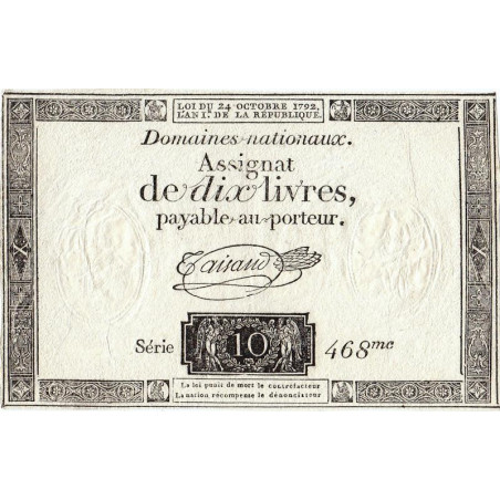 Assignat 36a-v1c (variété) - 10 livres - 24 octobre 1792 - Série 468 - Filigrane inversé - Etat : SUP
