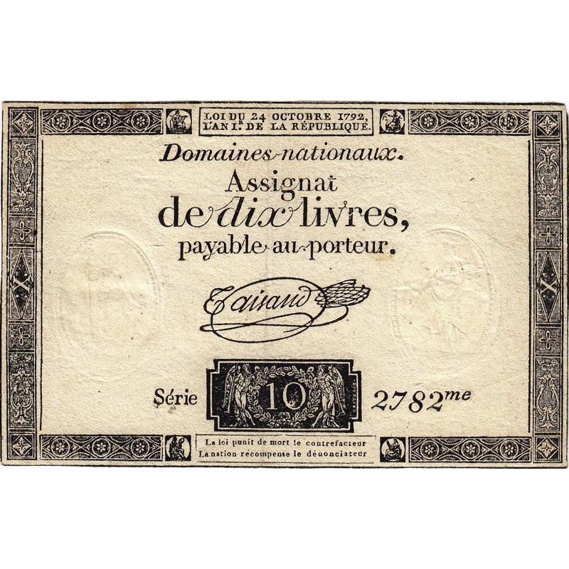 Assignat 36a-v1c (variété) - 10 livres - 24 octobre 1792 - Série 2782 - Filigrane inversé - Etat : TTB