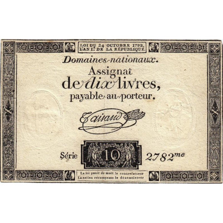 Assignat 36a-v1c (variété) - 10 livres - 24 octobre 1792 - Série 2782 - Filigrane inversé - Etat : TTB