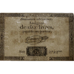 Assignat 36a-v1c (variété) - 10 livres - 24 octobre 1792 - Série 2782 - Filigrane inversé - Etat : TTB