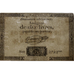 Assignat 36a-v1c- 10 livres - Filigrane inversé - 24 octobre 1792 - Série 2782 - Etat : TTB