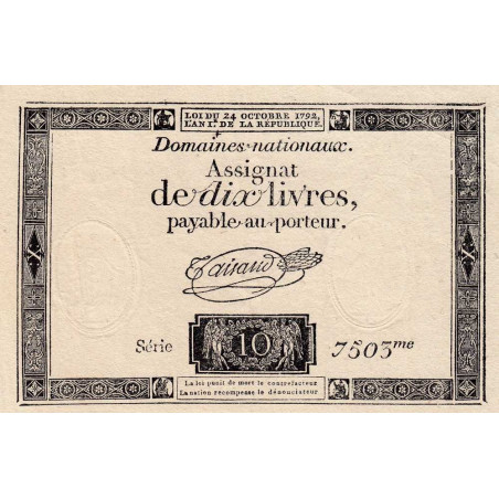 Assignat vérificateur 36v - 10 livres - 24 octobre 1792 - Série 7503 - Etat : SUP