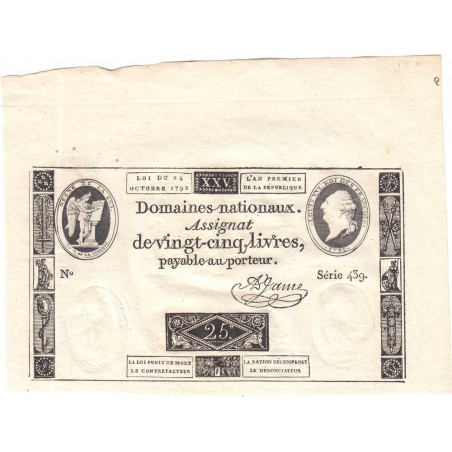 Assignat 37a - 25 livres - 24 octobre 1792 - Série 439 - Etat : SPL+