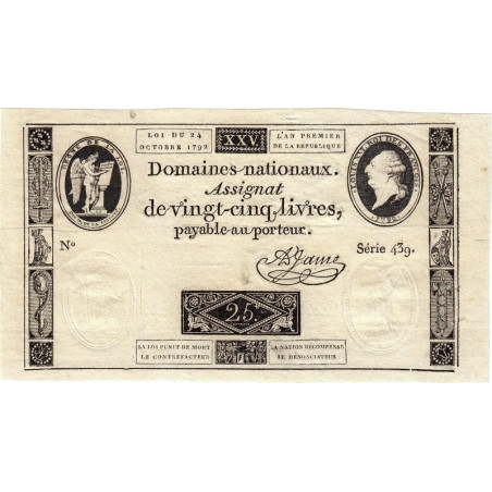 Assignat 37a - 25 livres - 24 octobre 1792 - Série 439 - Etat : SPL