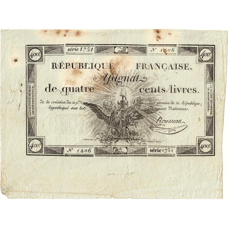 Assignat vérificateur 38v - 400 livres - 21 novembre 1792- Signature 25 - Série 1751 - Etat : TTB