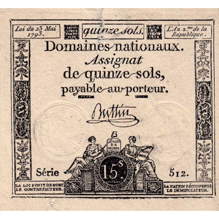 Assignat vérificateur 41v - 15 sols - 23 mai 1793 - Série 512 - Etat : TTB-