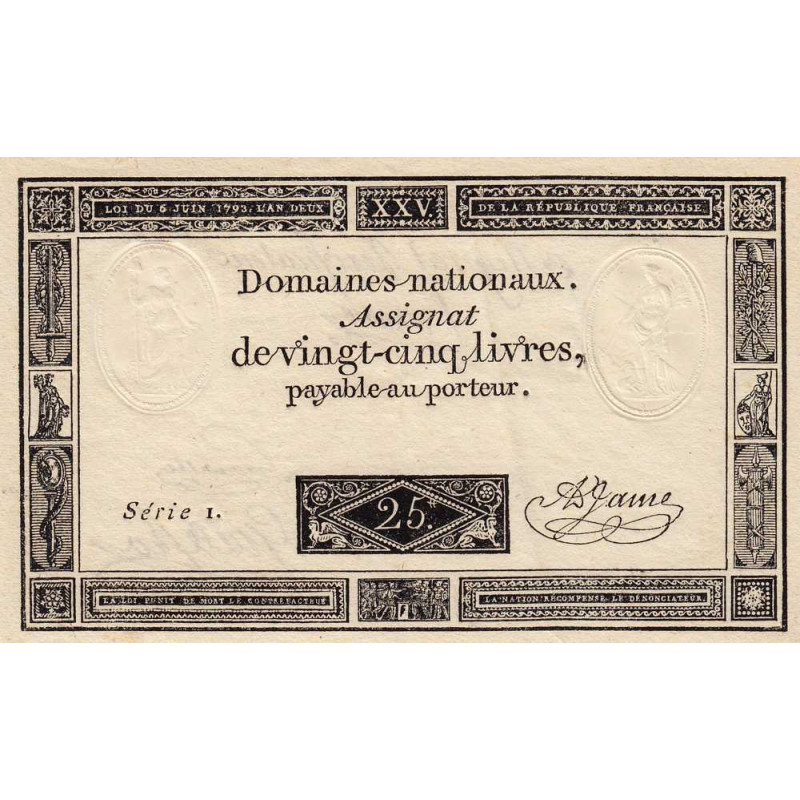 Assignat vérificateur 43v - 25 livres - 6 juin 1793 - Série 1 - Etat : SPL