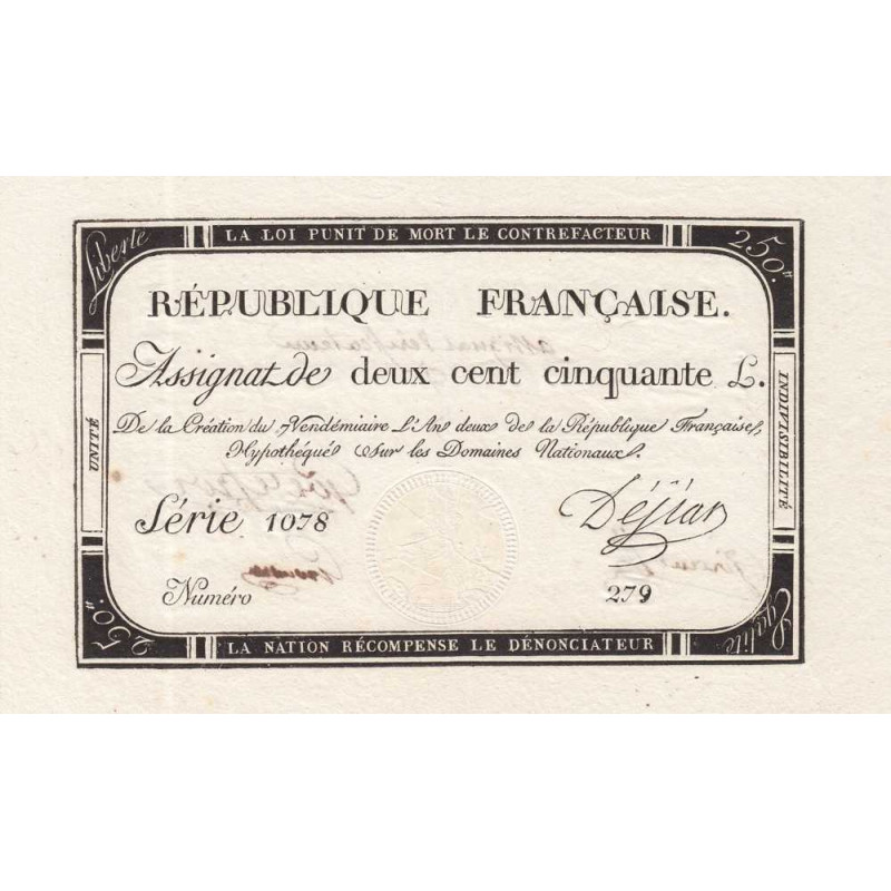 Assignat vérificateur 45v - 250 livres - 7 vendémiaire an 2 - Sign. 3 - Série 1078 - Etat : SPL