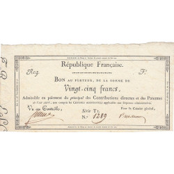 Bon au porteur de 25 francs - Arrérages de rentes et pensions - An 7 - Etat : SPL