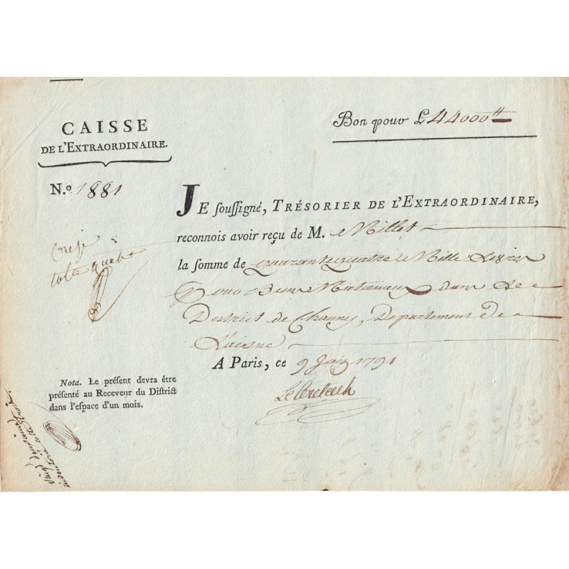 Aisne - Chauny - Révolution - 1791 - Biens nationaux - 44000 livres - Etat : SUP