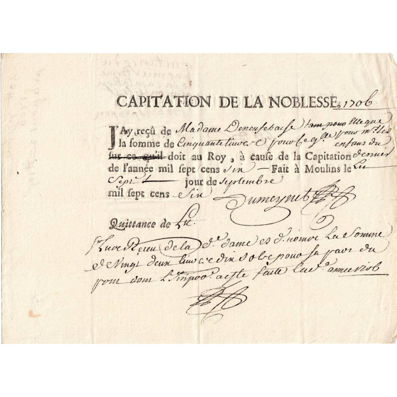 Alliers - Moulins - Louis XIV - Capitation de la noblesse de 1706 - Etat : SUP