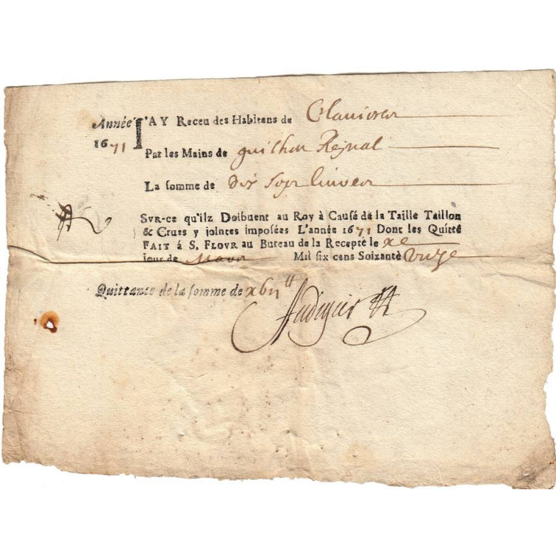 Cantal - Saint-Flour - Louis XIV - Taille, taillon et crues 1671 - 17 livres - Etat : TB+
