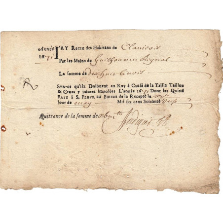 Cantal - Saint-Flour - Louis XIV - Taille, taillon et crues 1671 - 18 livres - Etat : TB+