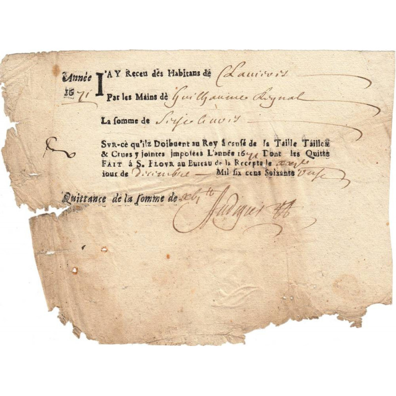 Cantal - Saint-Flour - Louis XIV - Taille, taillon et crues 1671 - 16 livres - Etat : B-