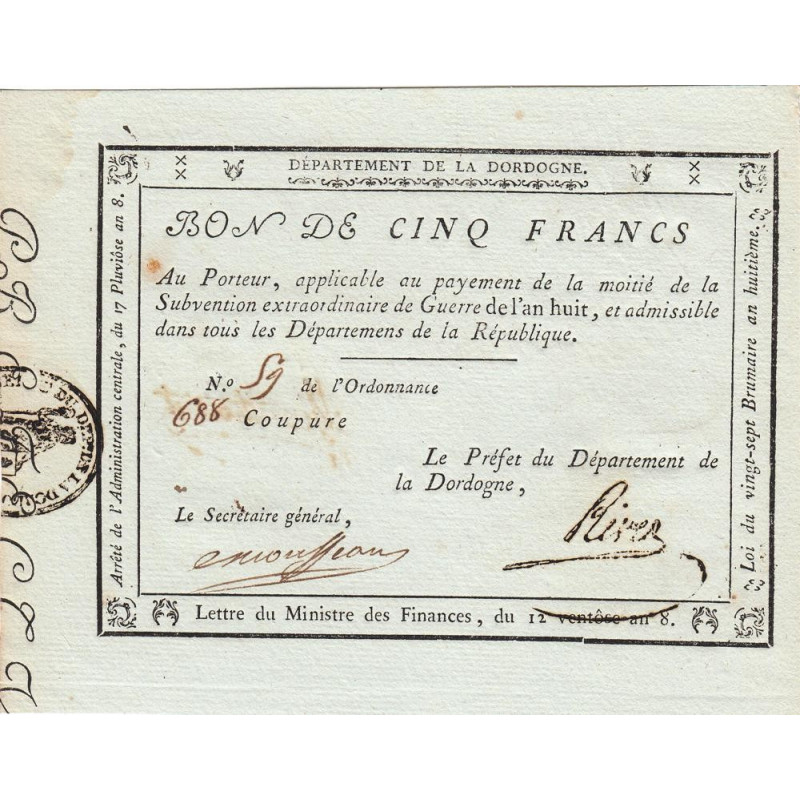 Dordogne - Révolution - 1799 - 5 francs - Extraordinaire de guerre - Etat : SPL à NEUF