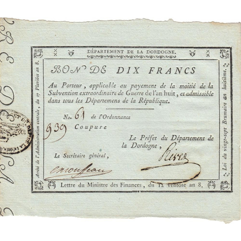 Dordogne - Révolution - 1799 - 10 francs - Extraordinaire de guerre - Etat : SPL