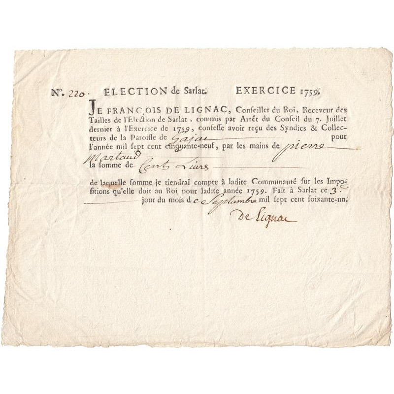 Dordogne - Gajac - Election de Sarlat - Louis XV - Tailles 1759 - 100 livres - Etat : SUP