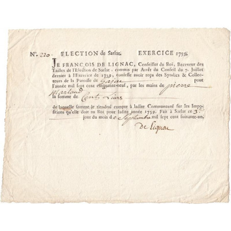 Dordogne - Gajac - Election de Sarlat - Louis XV - Tailles 1759 - 100 livres - Etat : SUP