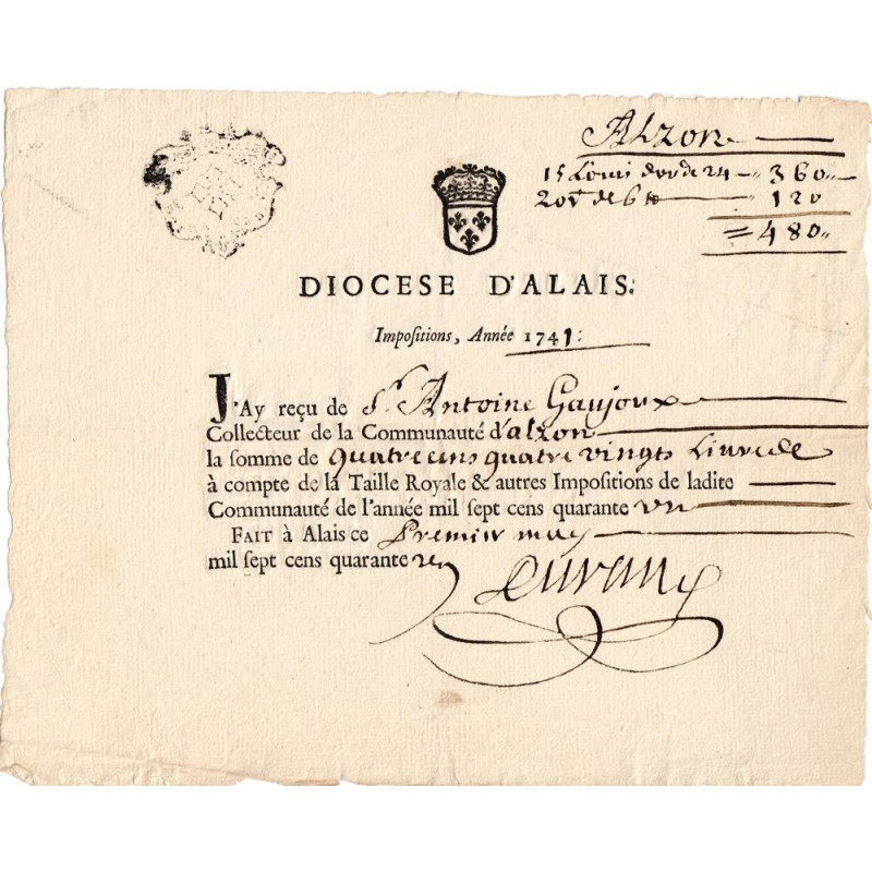 Gard - Alzon - Louis XV - 1741 - Impots du Diocèse - 480 livres - Etat : SUP