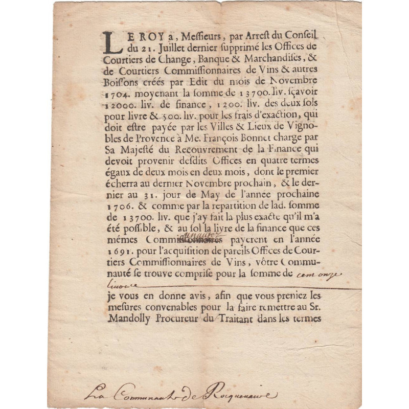 Gard - Roquemaure - Louis XIV - 1705 - Offices de Courtiers de Change - Etat : TTB