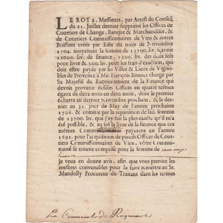 Gard - Roquemaure - Louis XIV - 1705 - Offices de Courtiers de Change - Etat : TTB