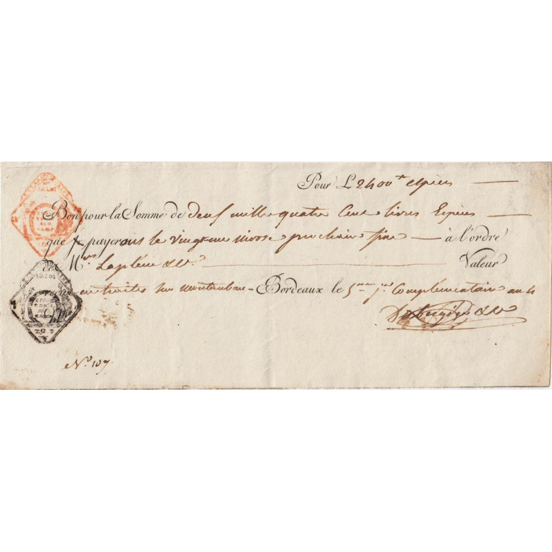 Gironde - Bordeaux - Révolution - 1796 - Billet à ordre - 2400 livres - Etat : SUP