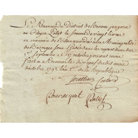 Ille-et-Villaine - Bazouges - Révolution - 1792 - Municipalité - 20 livres - Etat : TTB+