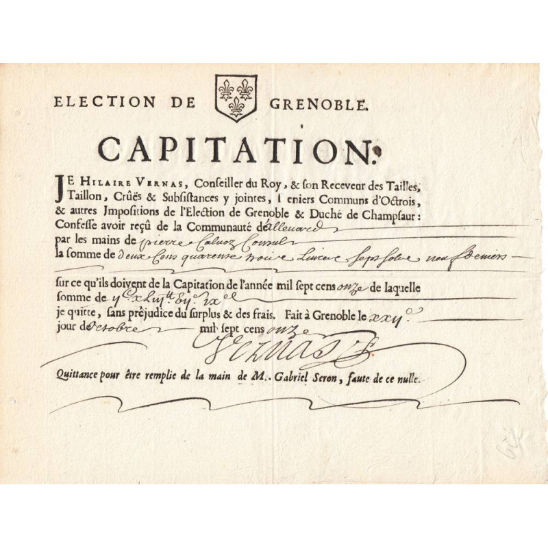Isère - Allevard - Louis XIV - Capitation de 1711 - 249 livres - Etat : SUP à SPL