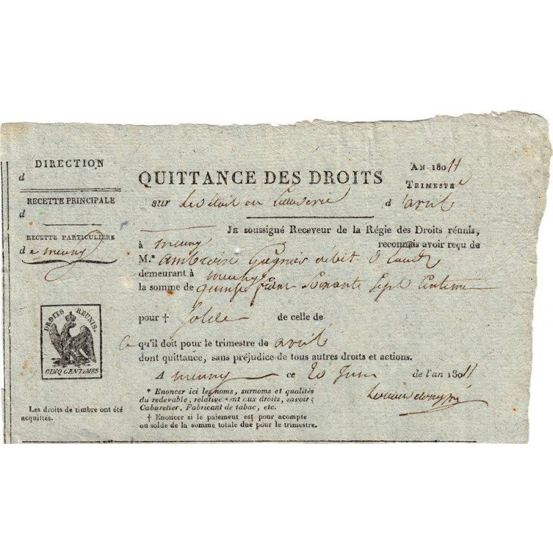 Loiret - Meung - 1er Empire - 1811 - Quittance des droits - Etat : TTB+