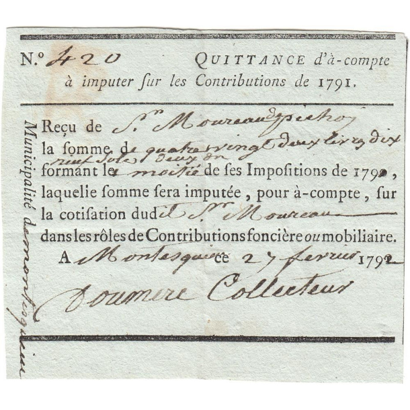 Lot-et-Garonne - Montesquieu - Révolution - 1792 - Contributions - 82 livres 19 sols - Etat : SUP